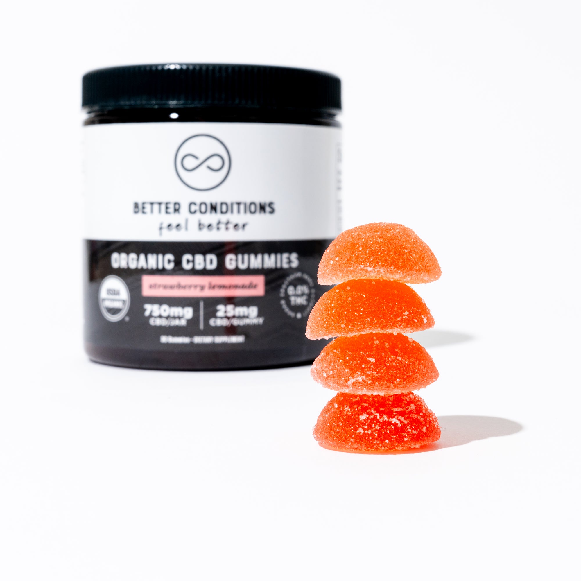 Better Conditions best selling 25mg CBD Gummies in Strawberry Lemonade. Organic, THC Free, Gluten Free, and Broad Spectrum CBD Gummies