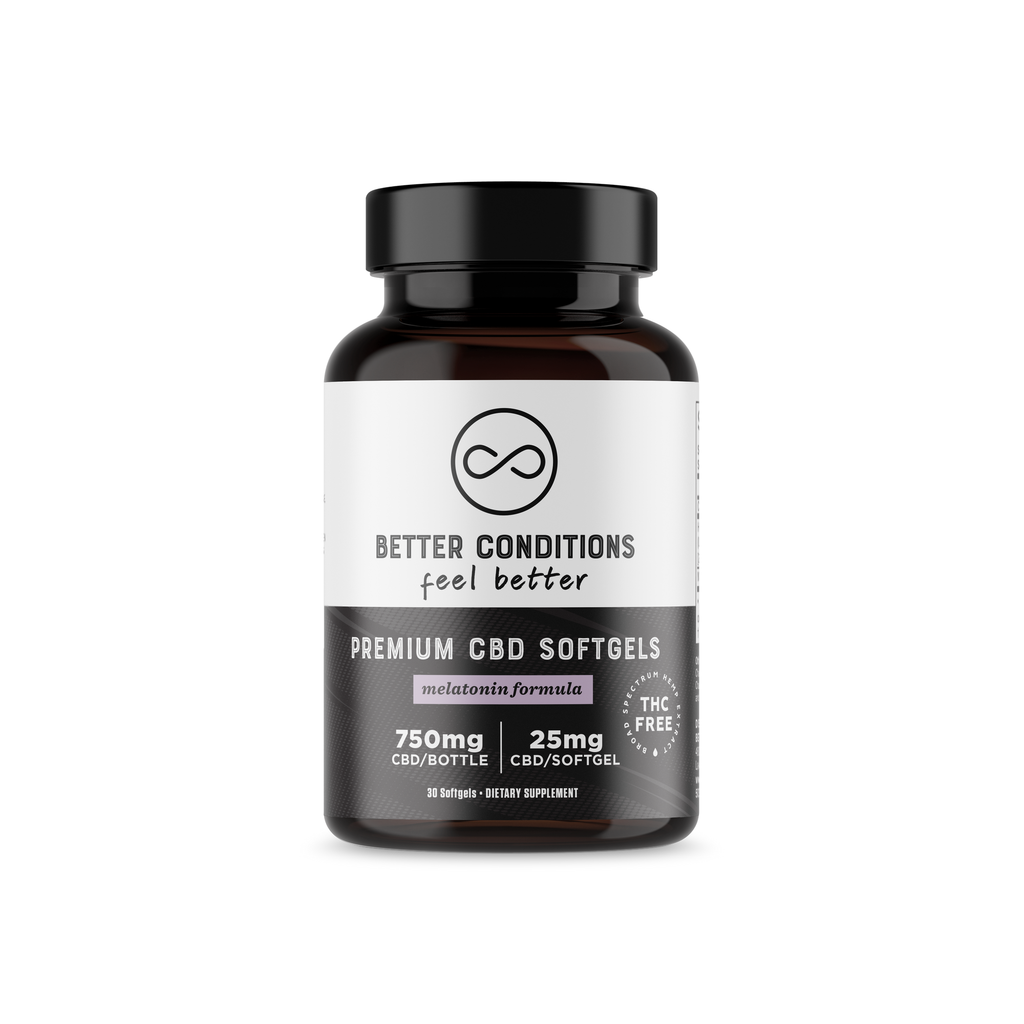 Better Conditions Premium CBD Softgels with Melatonin contain 750mg of Premium Broad Spectrum CBD in each bottle - 25mg CBD and 1mg Melatonin per softgel. All Better Conditions CBD is THC-Free and made with the most natural, Organic ingredients