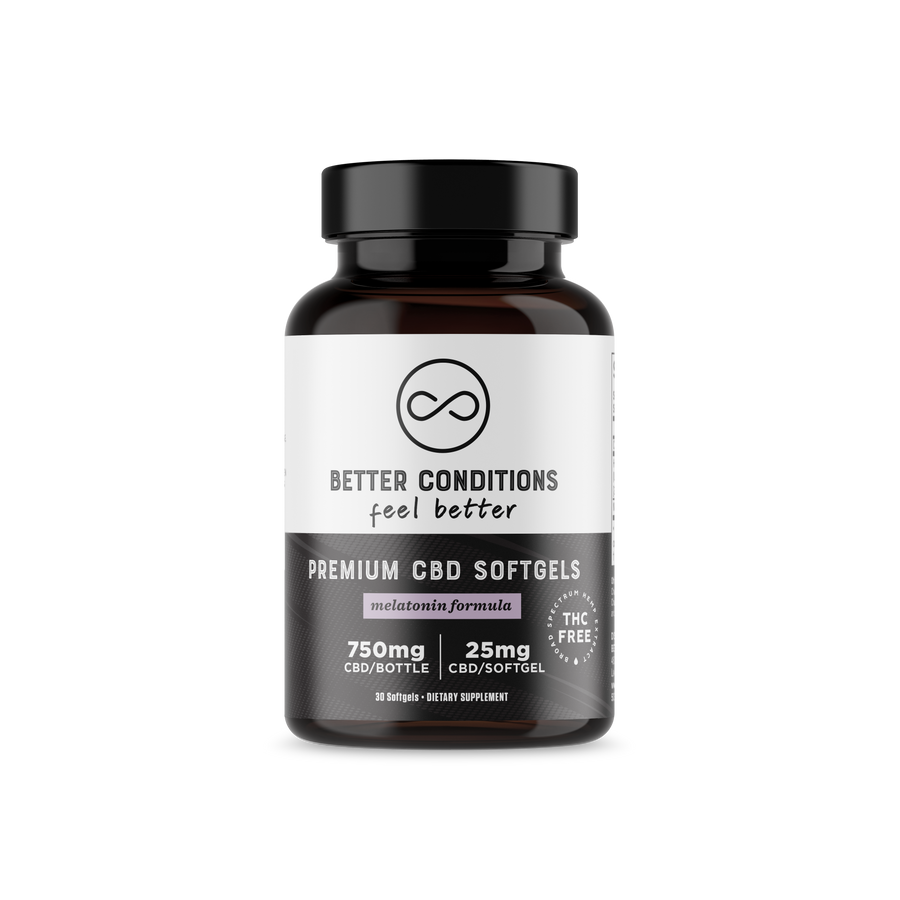 Better Conditions Premium CBD Softgels with Melatonin contain 750mg of Premium Broad Spectrum CBD in each bottle - 25mg CBD and 1mg Melatonin per softgel. All Better Conditions CBD is THC-Free and made with the most natural, Organic ingredients