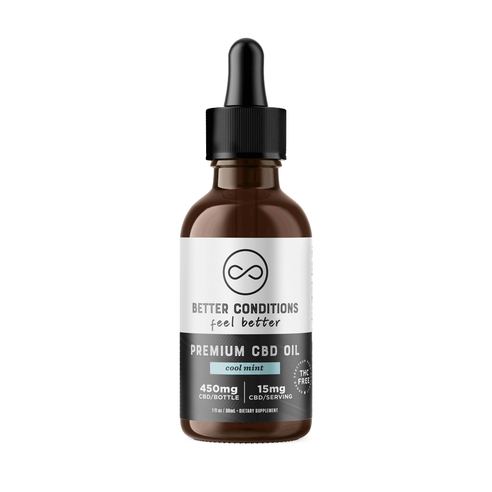 Better Conditions Cool Mint Premium CBD Oil Tincture contains 450mg of Premium Broad Spectrum CBD in each bottle, and 15mg CBD per serving. All Better Conditions CBD is THC-Free and made with the most natural, Organic ingredients