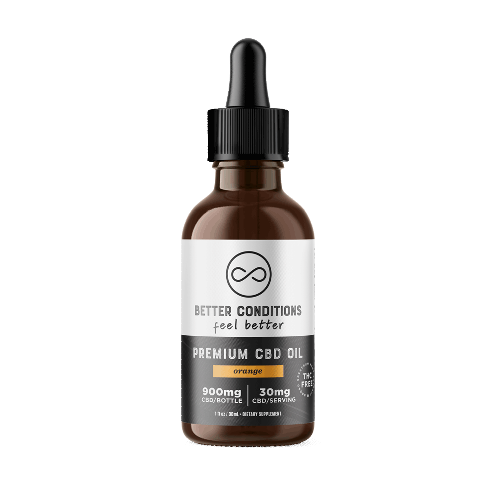 Better Conditions Premium CBD Oil Tincture is now available in Orange flavor. With 30mg of Broad Spectrum, THC-Free CBD in each serving (1 dropperful) and 900mg CBD per bottle, you can get fast-acting and effective relief day or night.