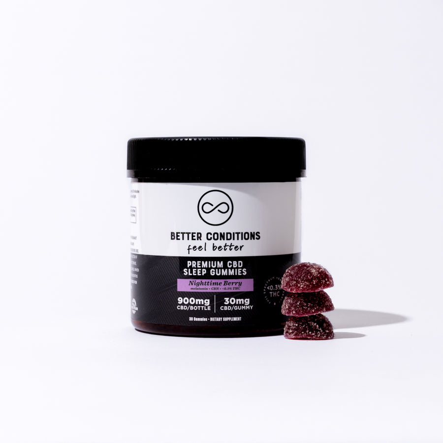 Better Conditions Mixed Berry CBD Sleep Gummies contain 30mg of Organic CBD, 3mg of Melatonin, 1mg of THC, and 3mg of CBN. For those who may be new to CBN, it is a non-psychoactive cannabinoid that is more difficult to source than CBD, but is becoming more widely known for its sleep-supporting benefits. 