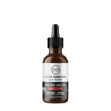 Better Conditions Full Spectrum CBD Oil contains 1350mg of premium CBD per bottle and 45mg of CBD per serving or 1 dropperful. Better Conditions full spectrum tincture is USDA Certified Organic, third party lab tested, and contains less than 0.3% THC. This new Tropical flavored tincture is the perfect pick me up to support your everyday health and wellness. Supports both physical and mental health.