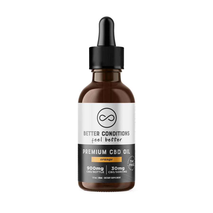 Better Conditions Premium CBD Oil Tincture is now available in Orange flavor. With 30mg of Broad Spectrum, THC-Free CBD in each serving (1 dropperful) and 900mg CBD per bottle, you can get fast-acting and effective relief day or night.